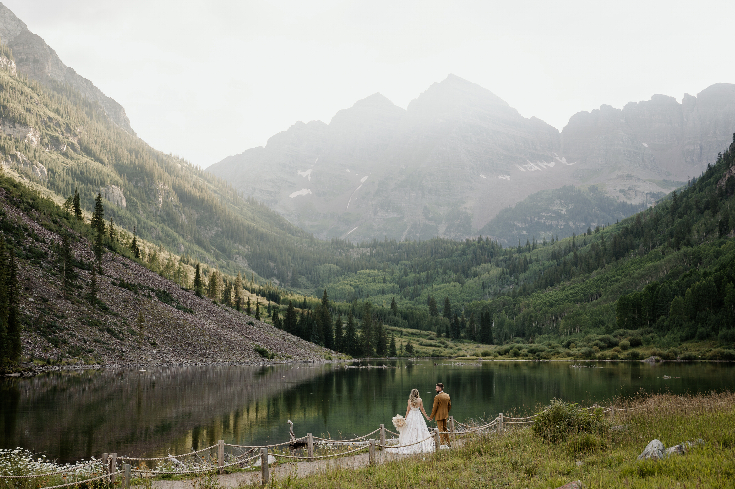 Bride and groom at Maroon Lake during their Maroon Bells Amphitheater Wedding