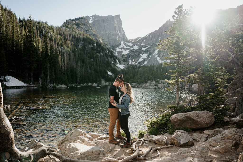 couple after proposal in mountains