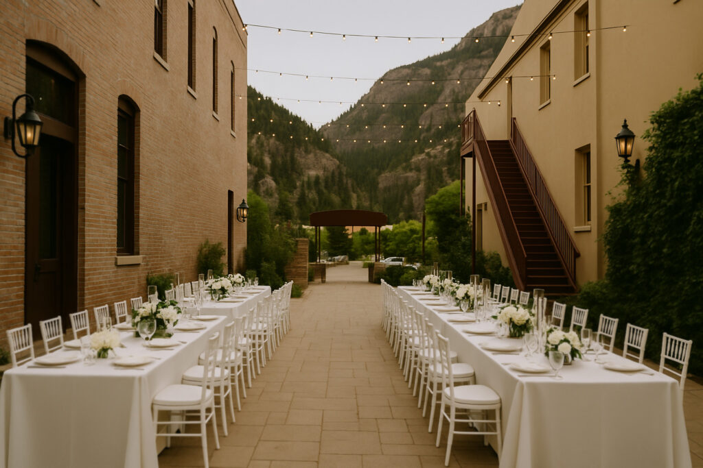 wedding reception venue outdoor courtyard with mountain views
